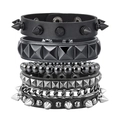 Set de pulseras punk góticas de cuero negro para hombre con remaches de plata - Estilo Punk Multicapa Negro (RH931)