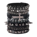 Black leather punk bracelet set with metal cross pendant and silver rivet studs - Cross Rivet Beaded Bracelet Set (4-Piece Set)