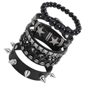 6-teiliges Punk-Kettenarmband-Set für Herren mit Pyramidennieten und Stern-Lederbändern - Schwarz 4-teiliges Set