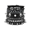 Punk stijl meerlaagse armbandenset met schedel, studs en kettingen op zwart leer - Set van 4 / Zwart