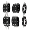 Punk leather bracelet set with silver metal spikes and rivets in various styles - Black