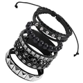 Four-piece punk men's bracelet set with black leather, studs, beads and metal chains - Studded Bracelet Bead Bracelet Leather Braided Rope Set