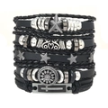 Punk style multi-layer braided leather bracelet set with metallic star and cross charms - Black