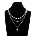 Collana hip hop a tre strati con perle finte, ciondoli a stella e pendente a croce - Argento (06717)