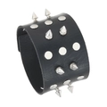 Bracciale punk in pelle nera larga con borchie argentate e punte metalliche acuminate - Nero