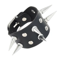 Herren Punk-Rock Lederarmband mit zwei Reihen silberner Metall-Kegel-Spikes - Schwarz