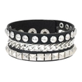 Punk style multilayer black leather bracelet with silver rivets and metal chain links - Round Stud and Chain Design (RH979)
