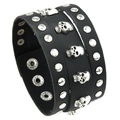 Punk rock wide black leather bracelet featuring silver skull studs and metal rivets - Silver Skull & Round Studs Style (07)