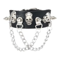 Punk PU leather bracelet with silver spikes, skull studs and hanging metal chains - Black