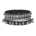 Black PU leather punk bracelet with multi-layer metal chains and pyramid rivet studs - Spike and Chain Design (RH979)