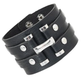 Punk black leather wristband with silver metal studs and buckle on white background - Black