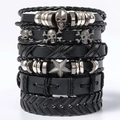 Punk rock multi-layer leather bracelet set with silver skull and star charms - Black 6-Piece Set