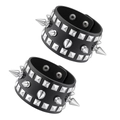 Set di due bracciali punk in pelle PU nera con borchie e punte metalliche argentate - Nero