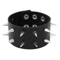 Detailed macro of black leather punk wristband with sharp silver conical metal spikes - Multi-Row Long Spike Style (04)