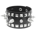 Punk leather bracelet with silver square studs and sharp conical spikes in black - Double Row Square & Cone Studs (03)