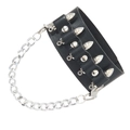 Punk black leather bracelet with silver cone studs and thick metal chain link - Black