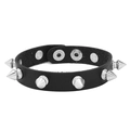 Detail of black punk leather bracelet with silver spiked studs and adjustable snap closure - Black Spiked Rivet Style (01)