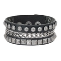 Punk leather bracelet with silver metal chains and stud rivets featuring adjustable snaps - Square Stud and Chain Design (RH979)