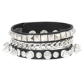 Punk rock style layered leather bracelet with silver pyramid studs and heavy metal chain - Pyramid Stud and Chain Design (RH979)
