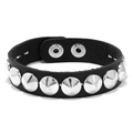Detailed view of punk leather bracelet with silver metal spikes and adjustable snap buttons - Round Stud Style (02)