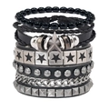 Men's multilayer black leather bracelet set with pentagram pendants and silver alloy studs - Tools Set Combo