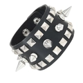 Punk multilayer black leather bracelet with silver metal spikes and pyramid studs - Black