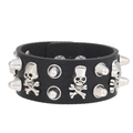Close-up of black punk leather bracelet with silver skull and cone spike rivets - 3D Skull & Cone Spike Style (16)