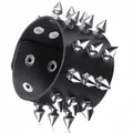 Detail view of punk leather bracelet with three rows of silver pointed metal spikes - Multi-Row Silver Pointed Style (06)