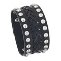 Men's retro black braided leather bracelet with punk style silver metal rivets - Black