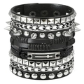 Punk multilayer black leather bracelet with silver metal chains and cross pendant - Multi-layer Rivet Cross Style