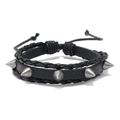 Black leather punk bracelet with silver metal spikes and woven ropes on white background - Studded Woven Bracelet