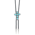Λεπτομέρεια δυτικού bolo tie με ασημένιο σταυρό και τιρκουάζ πέτρες σε μαύρο κορδόνι - Στυλ Σταυρός Πέντε Αστέρων (RH989)