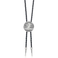 Close-up of vintage tree of life bolo tie with silver metal buckle and braided rope - Antique Silver