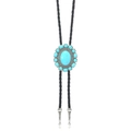 Detalle de corbata Bolo vaquera con piedra turquesa ovalada y tallado de metal plateado - Estilo Turquesa Ovalado (RH989)