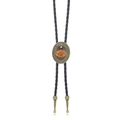 Dettaglio fibbia bolo tie ovale in oro vintage con occhio di tigre e cordoncino - Pietra Ambra Cornice in Bronzo / Ambra