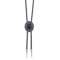 Detalle de corbata de bolo vintage con piedra negra y puntas de plata en cordón trenzado - Negro