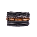 Detailed close-up of multilayer men's bracelet with braided leather and wooden beads - Brown Braided Style with Feather Texture Metal Plate (Style 5)