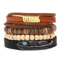Vintage bohemian multilayer leather bracelet set with wooden beads and metal feather charm - Feather Combination Set (RH163) / As Shown