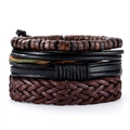 Set di bracciali multistrato in pelle da uomo con perline di legno e corde intrecciate - Marrone Scuro