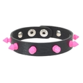 Detail of black leather punk bracelet with pink metal spikes and adjustable snap buttons - Black Leather + Pink Alloy Rivets