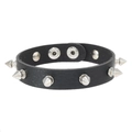 Detail of black leather punk bracelet with silver metal spikes and snap button closure - Black Leather + White K Alloy Rivets