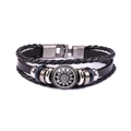 Pulsera de cuero trenzado vintage para hombre con disco de girasol y cierre de metal - Estilo Girasol Negro