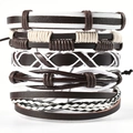 Set di bracciali punk multistrato in pelle marrone e nera con design in corda intrecciata - Combinazione a Strati Caffè Bianco