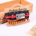 Bracciale multistrato da uomo in pelle con perline di legno e ciondolo Love d'argento - Love Placca in Metallo Corda in Pelle Rosso Nero Perlina di Legno Combo a 4 Strati (RH155)