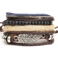 Multilayer bohemian bracelet featuring leather cords, wood beads, and a silver feather charm - Feather Pendant Combo (RH018)