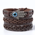 Mehrlagiges Lederarmband Set mit Hamsa-Hand und blauem Auge in Dunkelbraun und Silber - L7-Braunes Hamsa Hand Böser Blick Set
