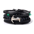 Bracelet multicouche en cuir noir avec perles et breloque ancre viking en argent sur blanc - Noir