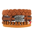 Set bracciale multistrato bohémien in pelle con ciondolo a foglia e perline di legno - Stile Set da 4 Pezzi (RH151)