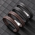 Braided leather bracelets set for men featuring black and brown bands with metal clasps - Black Brown Magnetic Clasp Braided Style (RH131)