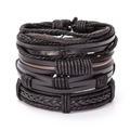 Handmade multilayer PU leather and woven cotton rope bracelet set on white background - Black and Brown Mix